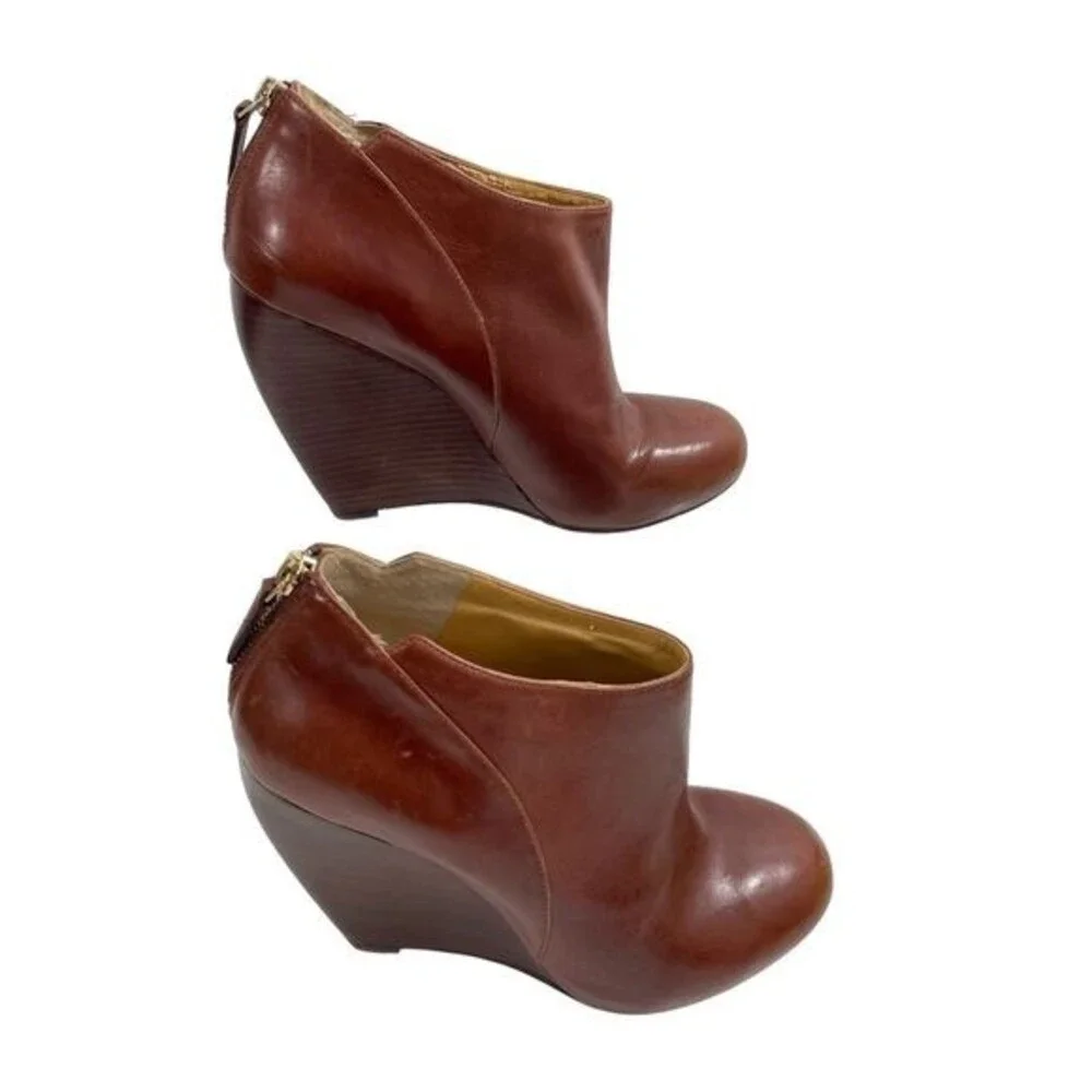 Nine West Womens Lottie Wedge Platform Shoes Zip Up‎ Brown Leather Size 9.5M